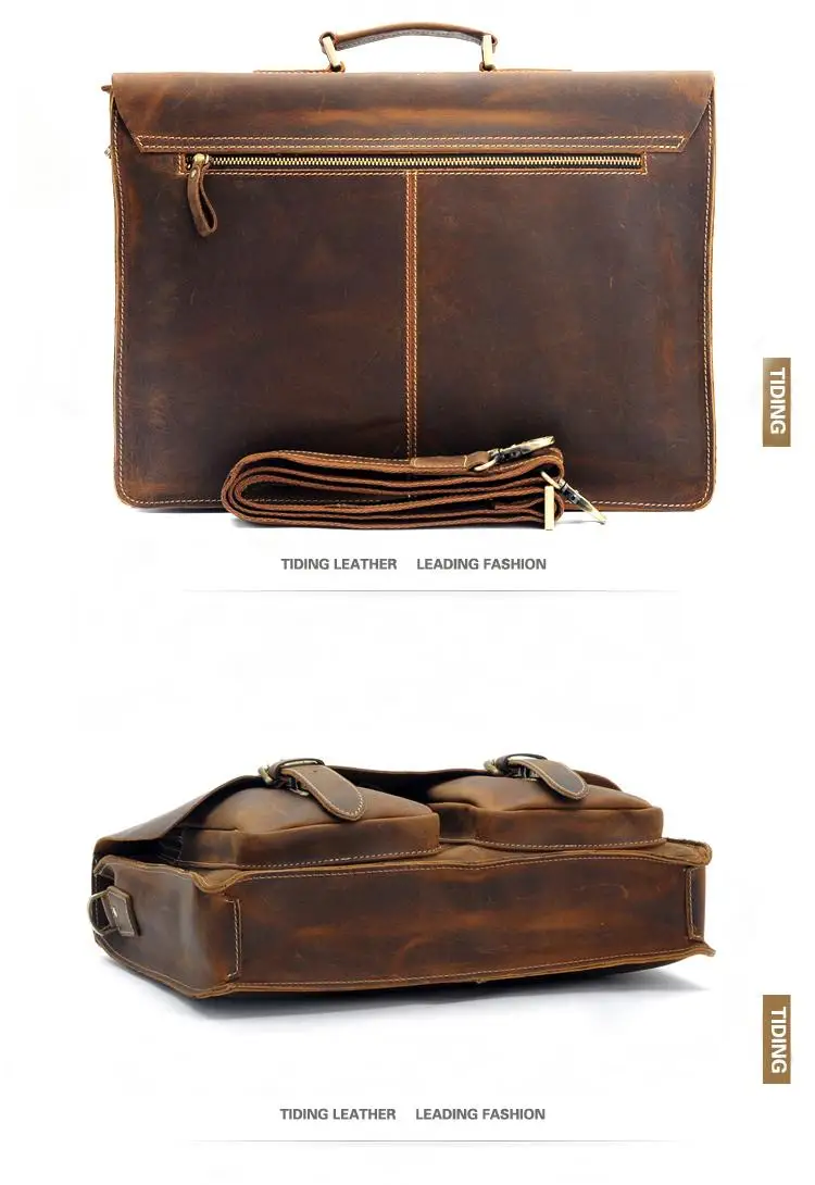 Top Grade Male Men's Vintage Real Crazy Horse Leather Briefcase Messenger Shoulder Portfolio Laptop Bag Case Office Handbag 1061