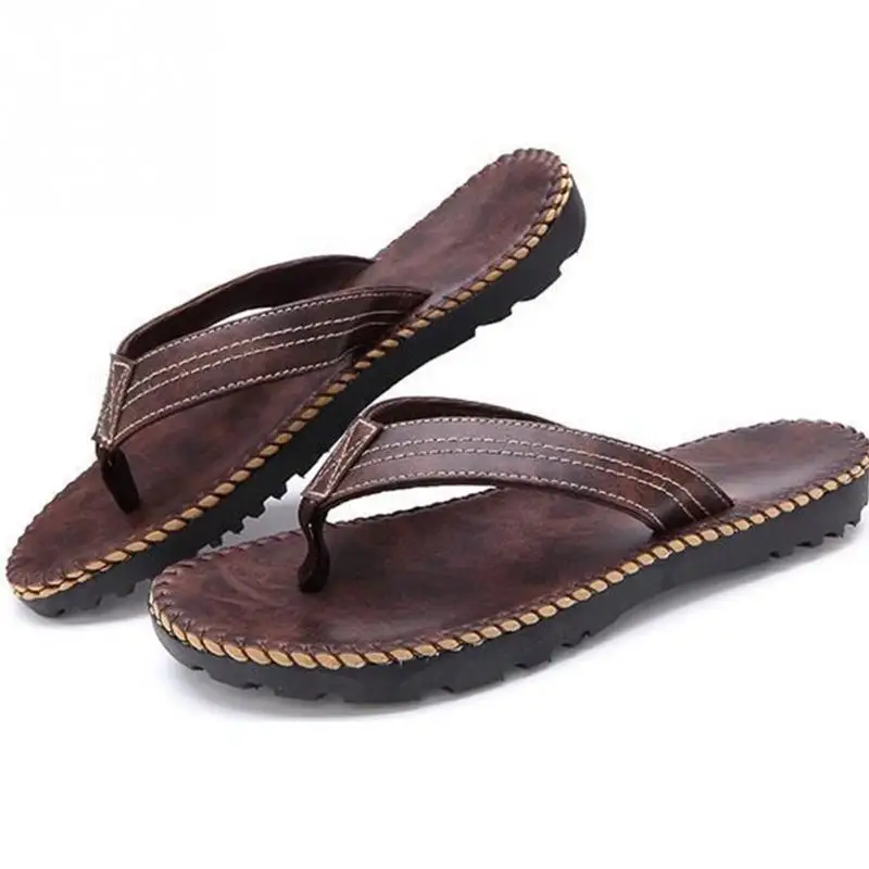 

2018 Hot Sale Summer Cool Men PU Leather Flip Flops British Style Boardered Beach Sandals Male Slippers Zapatos Hombre #927