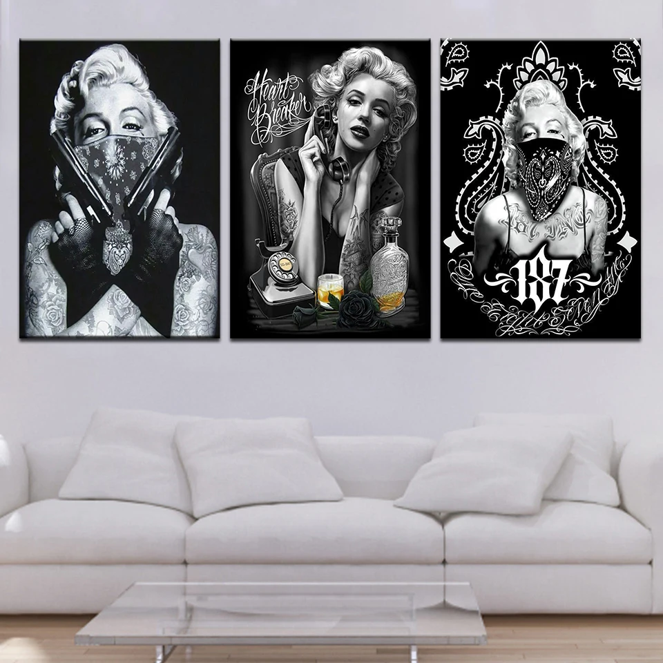 Тату Мэрилин Монро художественные принты черный белый постер, поп-арт 3 панели современный модульный плакат настенные наклейки украшение дома