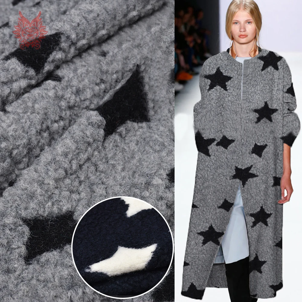 

American style Grey navy with star jacquard cashmere wool fabric for winter coat thick woolen tissue telas tecido stoffen SP4418