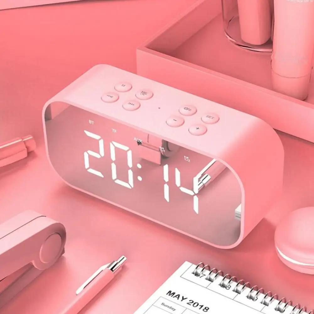 Bluetooth 5,0 Портативный беспроводной Bluetooth светодиодный зеркальный будильник с поддержкой Aux/TF/USB музыкальный плеер цифровые часы для спальни - Цвет: Розовый
