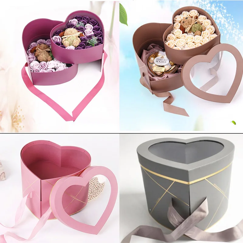 

Heart Double Rotating Box Flower Packing Box With European Transparent PVC Lid Dumb Gold Line Gift Box Flower Bouquet Package