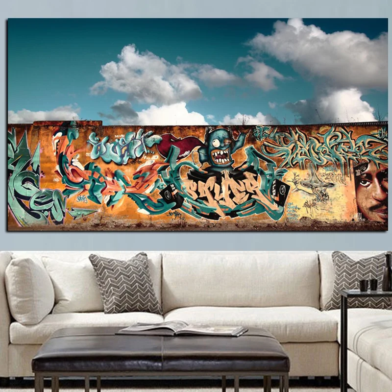 Graffiti Background White Clouds Giclee Print on Canvas Painting Modern Pop Art Wall Picture for Living Room Home Cuadros Decor (3)