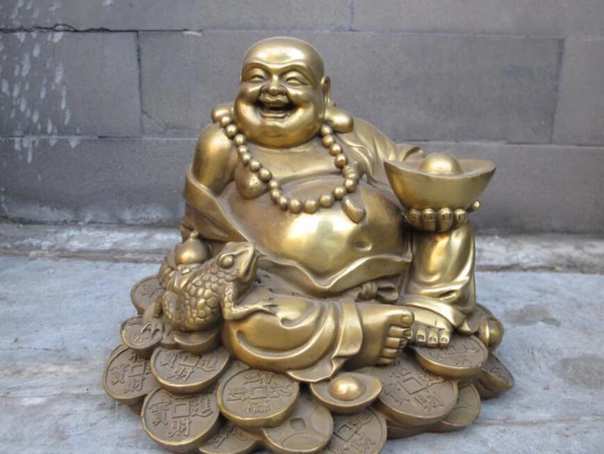 

free Chinese Buddhism Brass Copper Happy Laugh Yuan Bao Toad Buddha Statue fast