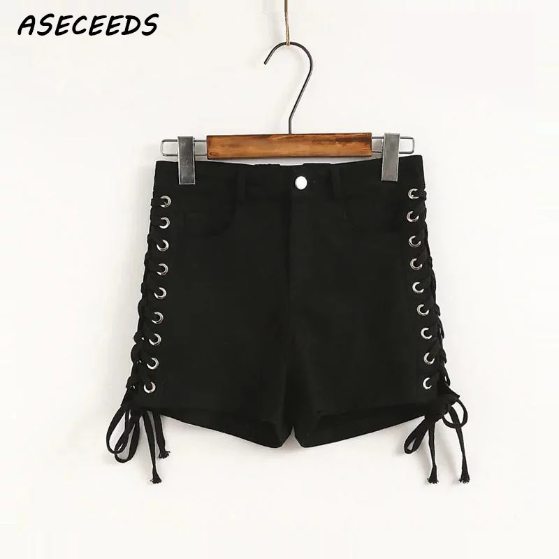 

2018 Sexy Side strap jean women's shorts Summer high waist shorts Punk tassel hollow out ripped denim shorts Korean Streetwear
