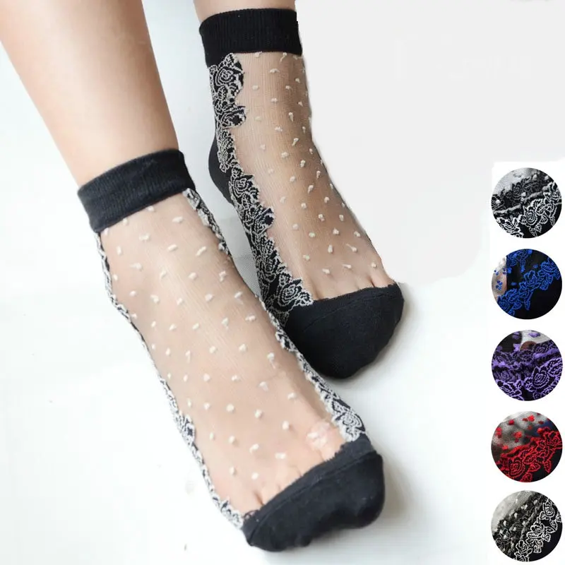 Ultrathin Transparent Beautiful Crystal Lace Elastic Floral Short Socks Fashion 