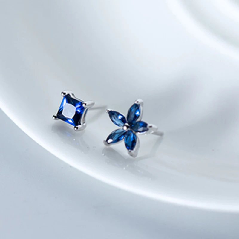 925 пробы серебряные женские ювелирные изделия, модные крошечные синие Асимметричные Цветочные квадратные серьги-гвоздики для дочерей девушек