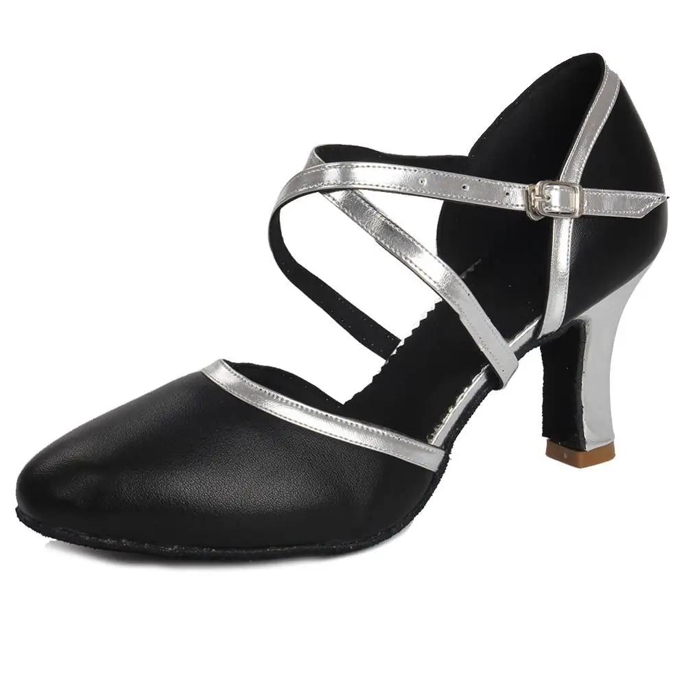 Женская обувь для латинских танцев атласная/PU Танго/бальных/каблуках сальса сандалии больше стиля для девочек 5 см - Цвет: 7cm heel BlackSilver