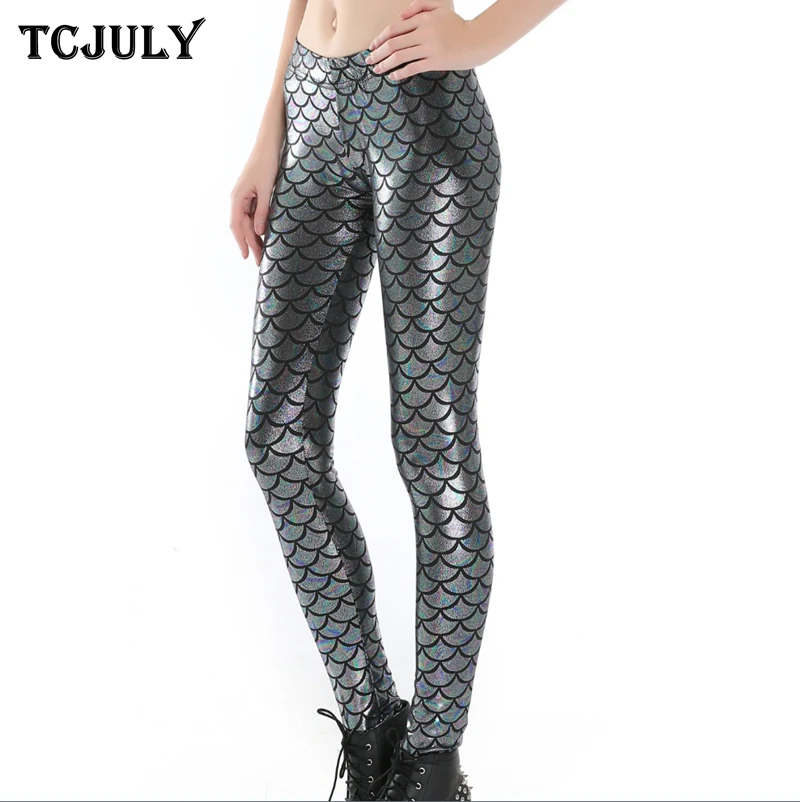 TCJULY Sexy Fish Scale Patterns Printed Mermaid Leggings Skinny Slim Push Up Ankle Length Pants