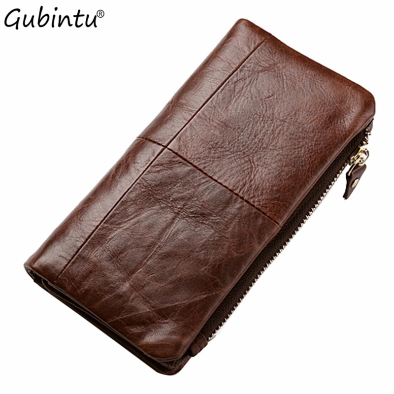 

GUBINTU Cow Leather Men Long Purse Vintage Zipper Buckle Style Man Wallet High-Capacity Multi-Card Bit Clutch Male Bag