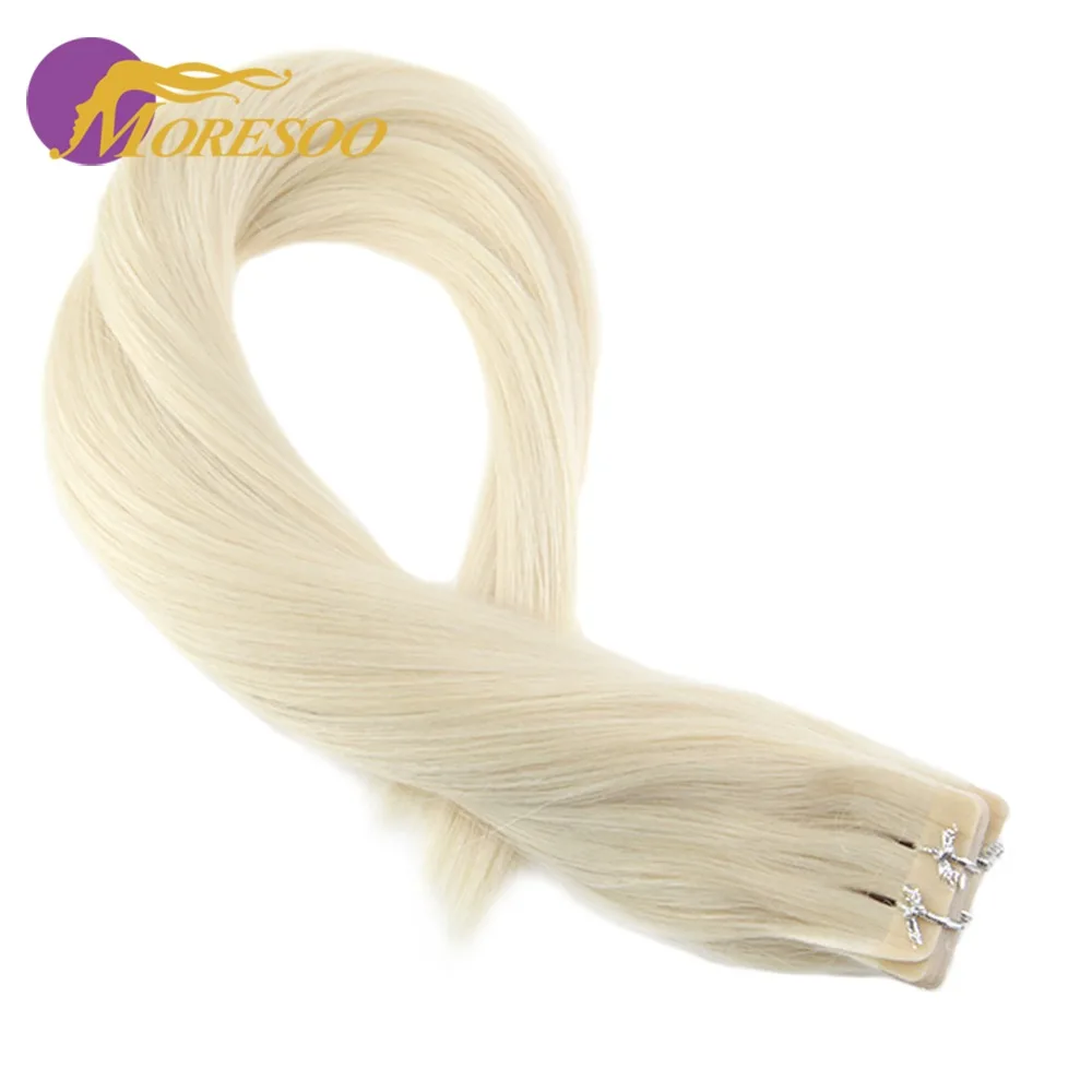 Moresoo Machine Remy Tape In Hair Extensions Brazilian Human Hair Skin Weft Platinum Blonde #60 20G-100G 14-24 Inch Tape Hair