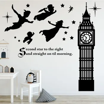 

Peter Pan Scene Silhouettes Removable Wall Stickers Stars Big Ben Wall Art Decal Girls Room Nursery Wallpaper Mural Home Decor