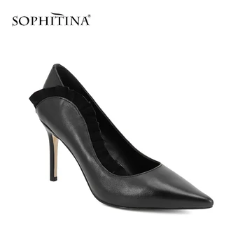 

SOPHITINA Brand Woman Shoes Pointed Toe Genuine Leather Pleated Flower design Slip-on Party Lady Pumps Handmade Thin Heels SC45