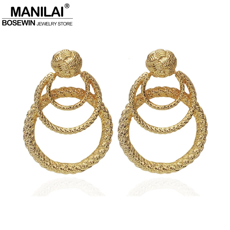 

MANILAI Trendy Layered Metal Big Stud Earrings Gold Color Statement Earrings Alloy Weave Pattern Geometric Earring Jewelry