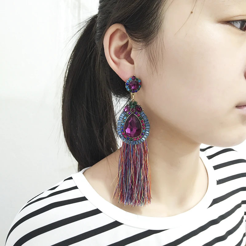 

ZHINI Bohemian Fashion Statement Tassel Earrings for Women Crystal Long Water Drop Handmade Tassel Earring Indian Jewelry Brinco