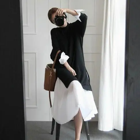 Новинка, весеннее однотонное платье с круглым вырезом и длинным рукавом, черно-белое женское платье с разрезом DC578