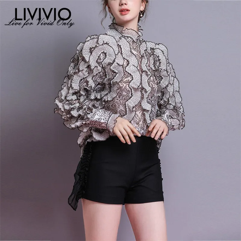 

[LIVIVIO] Dot Ruffles Print Shirts Blouse Women Long Sleeve Stand Collar Long Sleeve Female Shirt Fashion Casual 2019 Spring