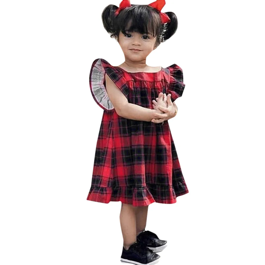Plaid  Kids Dresses For Girls Summer Toddler Baby Girls Fly Sleeve Plaid Bow Dresses  Clothes Dresses Baby Girl Clothes