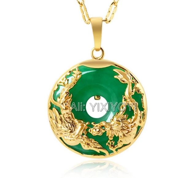 

Beautiful Natural Green Jade Inlay Gold Chinese Dragon Phoenix Hollow Lucky Jade Pendant + Free Necklace Fine Jewelry