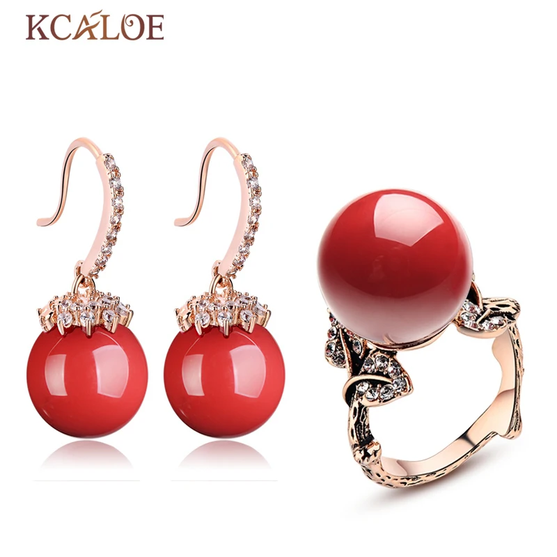 

KCALOE Red Wedding Jewelry Sets For Brides Crystal Cubic Zirconia Drop Earrings Vintage Ring Imitation Coral Jewellery Set