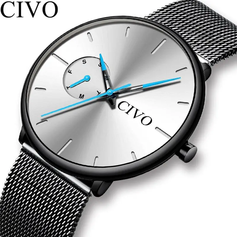 

CIVO Luxury Top Brand Sports Quartz Watch Men Army Military Watches Male Waterproof Mesh Stainless Steel Wristwatch Clock