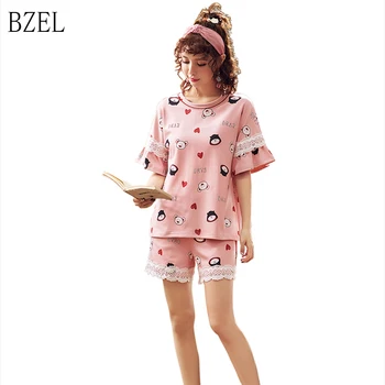 

BZEL Pink Pajamas Sets Teenage Pijamas Verano Mujer Casual Homewear Pajamas Cartoon Cotton Girls Sleepwear Lace Tops And Shorts