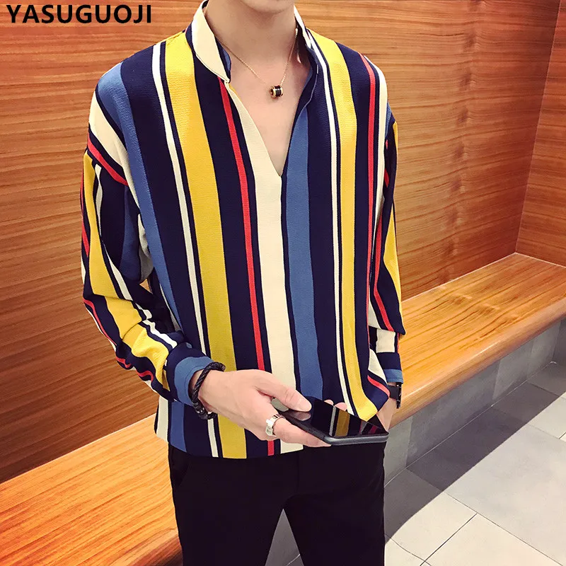

YASUGUOJI New Autumn Fashion Contrast Color Vertical Stripe V-neck Long Sleeve Polo Shirt Men Chemise Homme Men's Loose Clothing
