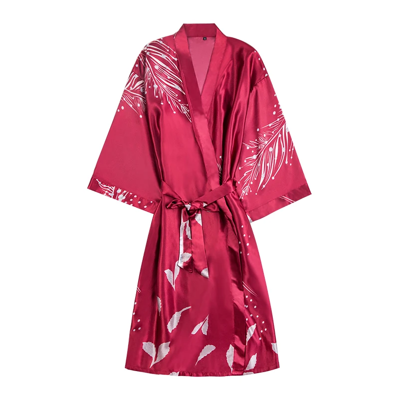 Casual Female Home Wear Nightgown Summer Kimono Bathrobe Sexy Bride Wedding Robe Printed Flower Satin Sleepwear Sleep Dress