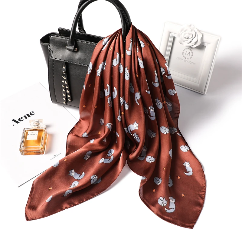 

2019 Fashion Silk Scarf Women Fox Animal Print Office Lady Square Neckerchief Foulard Hair Neck Scarfs