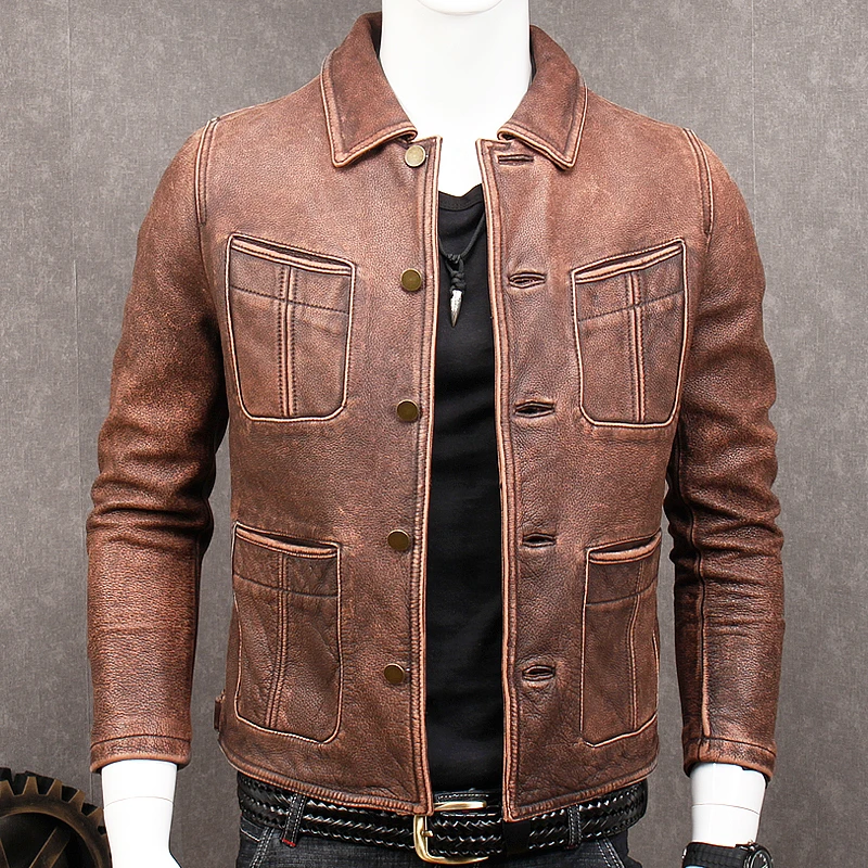 

HARLEY DAMSON Vintage Brown Men Biker's Leather Jacket Plus Size XXXXXL Single Breasted Genuine Cowhide Slim Fit Motorcycle Coat