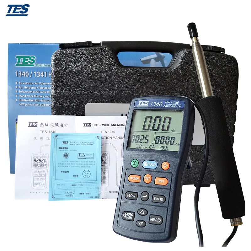 TES1340 Hot Wire Thermo Anemometer HVAC Air Flow Air Velocity Meter Air