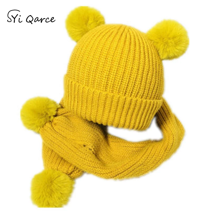 Yellow SYi Qarce, детская теплая вязаная шапка с шарфом на осень и зиму, комплект для малышей, шапка с помпоном для От 1 до 5 лет, NT062-8 для мальчиков и девочек - Цвет: Yellow