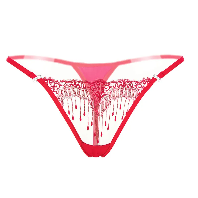 Ixuejie вышивка дизайн прозрачные стринги леди Экстремальные сексуальные женские стринги модные цветочные кружева нижнее белье - Цвет: Красный