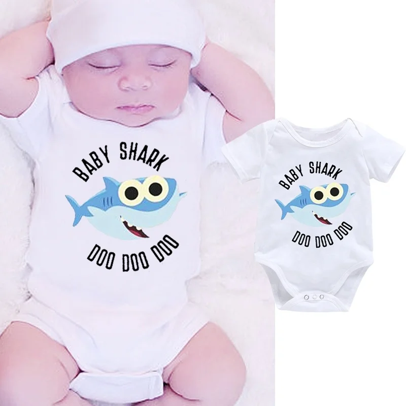 

DERMSPE 0-24M Infant Newborn Baby Boy Girl Short Sleeve Letter Print Baby Shark Cotton Romper Outfits Summer Baby Clothes