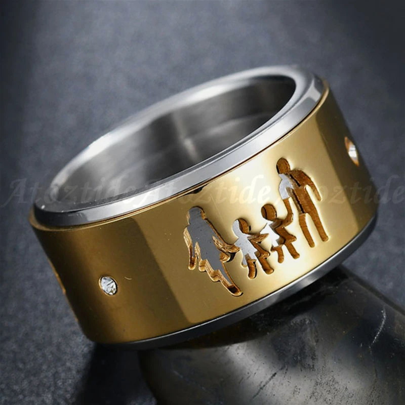 Atoztide, 12 мм, нержавеющая сталь, семейные вращающиеся кольца для женщин, золотого цвета, круглые кольца с фигуркой для мамы, папы, мальчика, девочки, обручальное кольцо