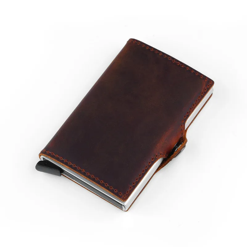 

Genuine Leather Business Card Holder RFID Metal Wallet Antitheft Wallets Automatic Up Card Case Aluminium Alloy Credit Card Case