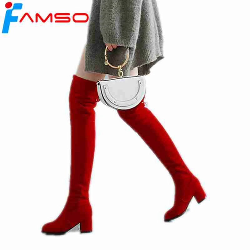 

FAMSO 2018 New Women Boots Big Size 34-43 Black red thick Heels Flock Over the Knee Boots Women's Winter Short Fur Snow Boots