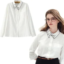 New Fashion White Women Long-Sleeved Blouse Design Cute Cat Embroidered Blouse