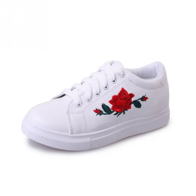 

Sportive Women Flower Pattern Embroidered White PU Leather Shoes Lace Up Sneaker