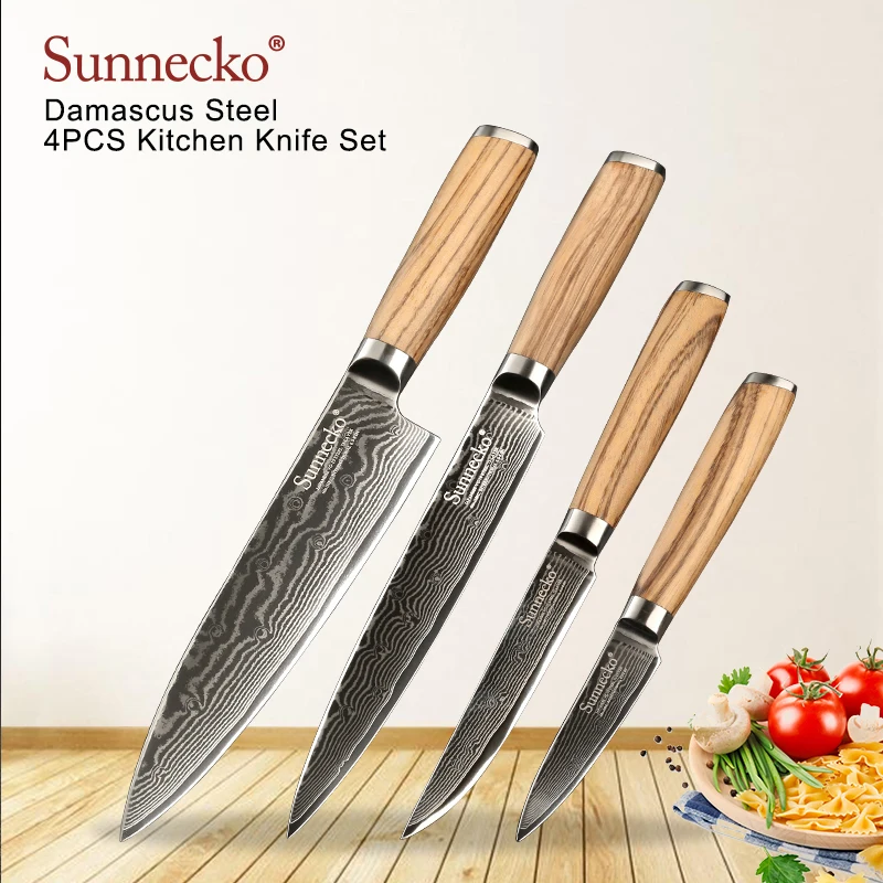 

SUNNECKO 4PCS Kitchen Knives Set Paring Utility Slicing Chef Knife Damascus Japanese VG10 Steel Blade Cutter Zebra Wood Handle