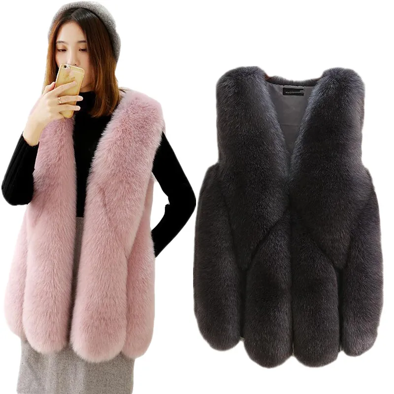 

SexeMara New Autum Winter Warm Thick Sleeveless fluffy Faux Fur Vest Coat Jacket Plus Size Parka Coat S-4XL