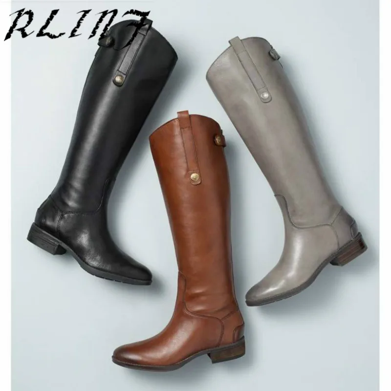 RLINF Leather Knee High Boots Autumn Winter Long Tube Female Boots