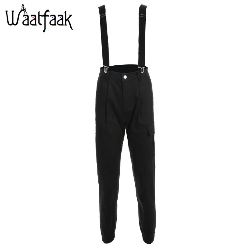 Waatfaak брюки с высокой талией женские черные брюки карго хлопковые комбинезоны с карманами длинные отрегулированные ремни Летние черные брюки-карандаш - Цвет: Черный