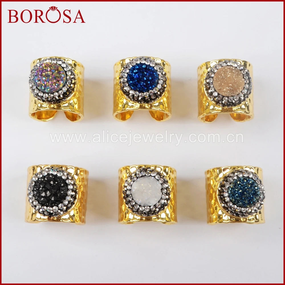 

BOROSA Round Titanium Rainbow Quartz Stone Drusy Ring Gems,High Quality Crystal Paved Zircon Druzy Stone Gold Band Ring JAB755