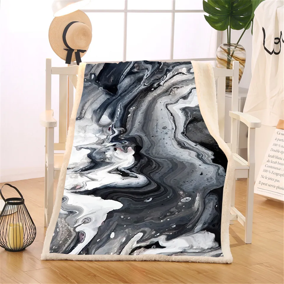 

BlessLiving Marble Pattern Sherpa Fleece Blanket Black White Gold Foil Bed Blanket Abstract Art Throw Blanket Mantas De Cama