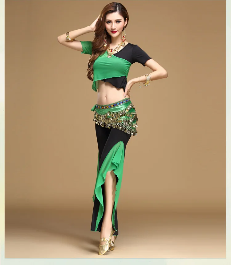 Качественный набор костюма для танца живота танец живота pratice одежда индийский комплект марлевые комплект брюки Цвет Блок Набор 8 цветов топ и брюки и ремень - Цвет: Green Black 3pcs