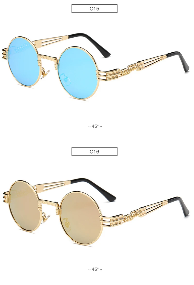 Золотой синий Мода Круглый Солнцезащитные очки для женщин стимпанк Солнцезащитные очки для женщин мужские женские Metal Рамки Ретро Винтаж Покрытие Зеркальные очки оттенки