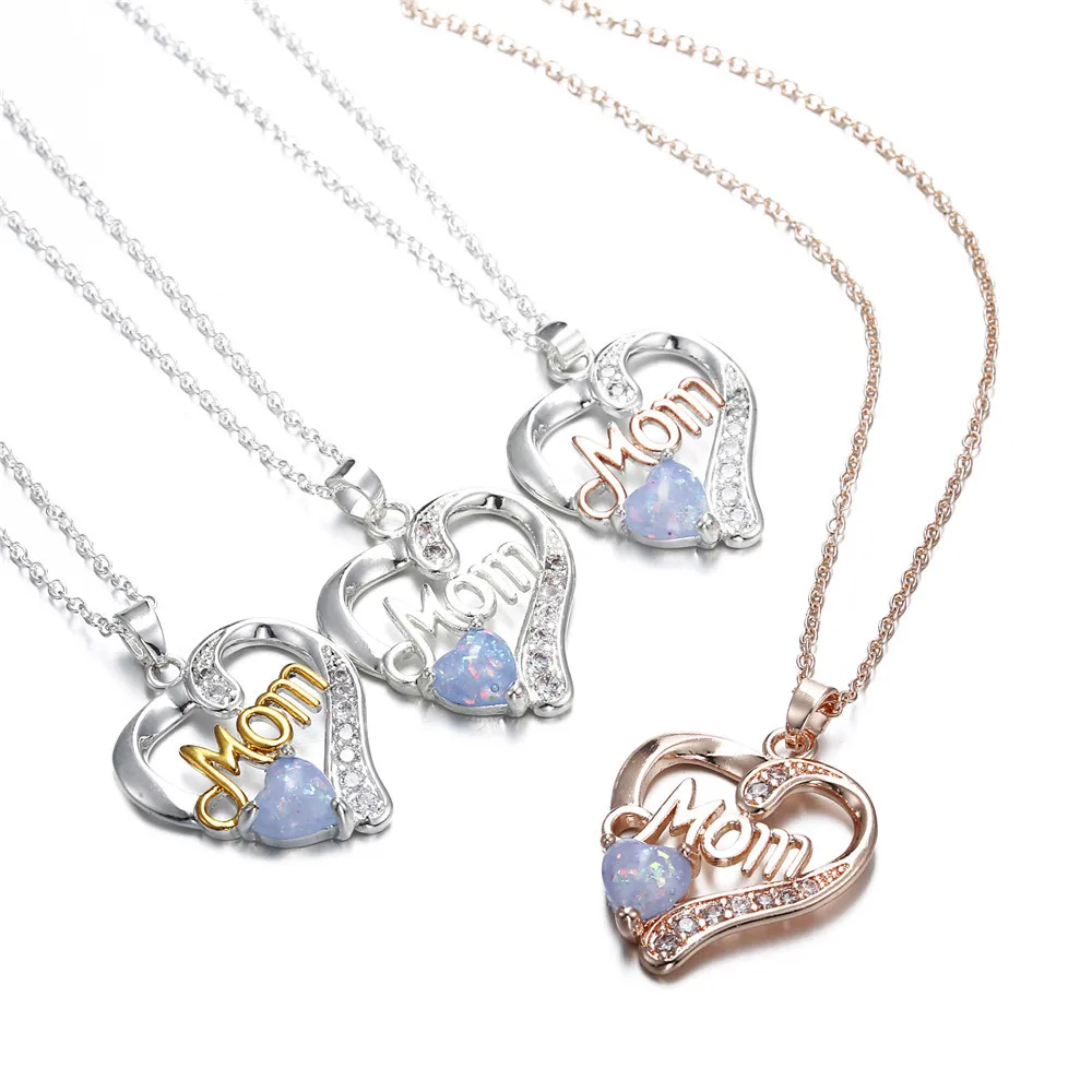 New Design Crystal Opal Mama Heart MOM Pendant Necklace With Chain For