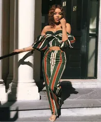 Fashion New 2018 Summer Slash Neck Sexy Set Boho Backless Strapless 2 Piece Suits Striped Lantern Sleeve Women Two-Piece Suit Fashion New 2018 Summer Slash Neck Sexy Set Boho Backless Strapless 2 Piece Suits Striped Lantern Sleeve Women Two-Piece Suit