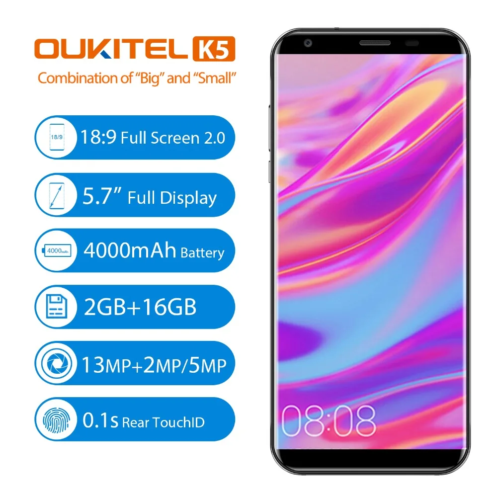 Oukitel K5 4G 5.7 inch 18:9 Display MTK6737T Mobile Phone Android 7.0 2G 16G Quad Core 4000mAh 3 Cameras Fingerprint Smartphone